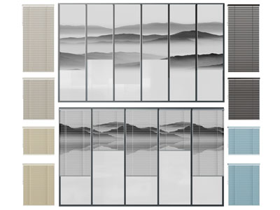 新中式装饰山水的窗帘、竹帘