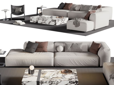 现代多人沙发、休闲椅子和茶几组合