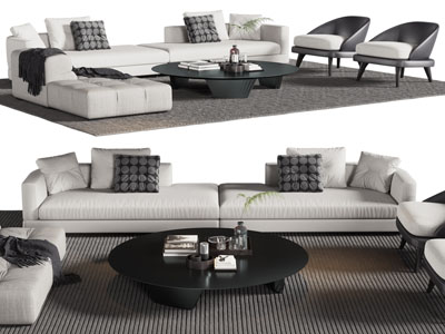 现代转角多人沙发、休闲椅子和茶几组合