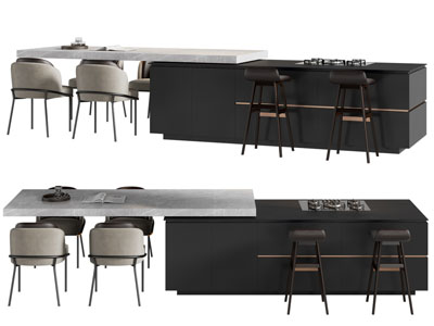 现代厨房岛台餐桌椅组合