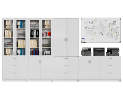 现代办公文件收纳装饰柜、便签墙、打印机