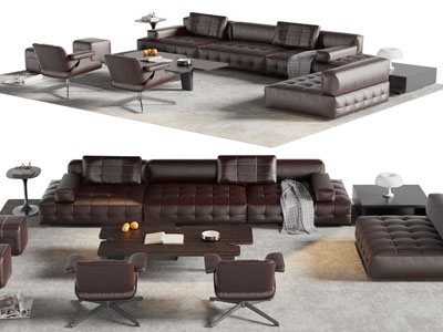现代皮质转角多人沙发、休闲椅子和茶几组合