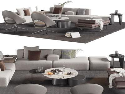 现代转角多人沙发、沙发凳和茶几组合