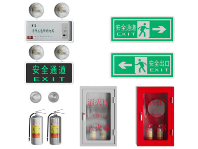 现代应急灯、消防栓和灭火器消防设备3d模型 现代应急灯、消防栓和灭火器消防设备