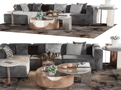 现代布艺转角多人沙发和茶几组合