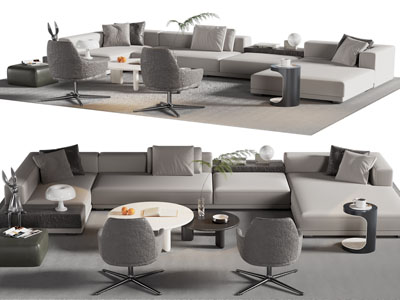 现代多人沙发、休闲椅子和茶几组合