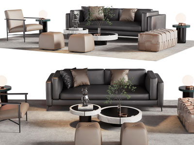 现代多人沙发、休闲椅子和茶几组合