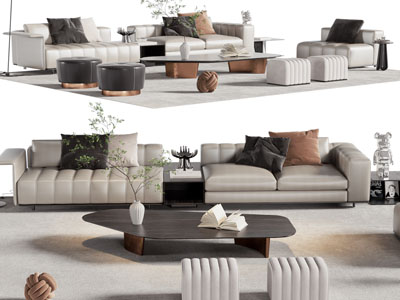 现代多人沙发、沙发凳和茶几组合