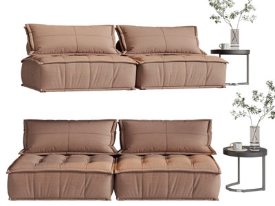 现代拼接布艺双人沙发、边几3d模型 现代拼接布艺双人沙发、边几