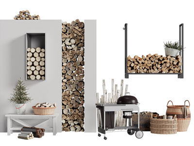 现代柴火堆、木材、烧烤炉