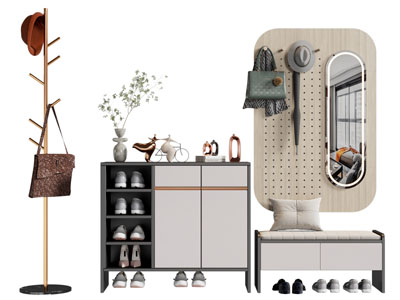现代玄关鞋柜、换鞋凳、衣架