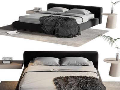 现代布艺双人床、边几