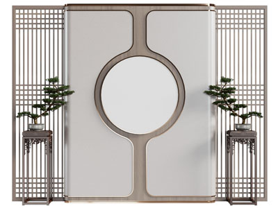 新中式花架盆景盆栽背景墙3d模型 新中式花架盆景盆栽背景墙