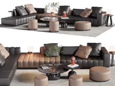 现代转角多人沙发、坐墩和茶几组合
