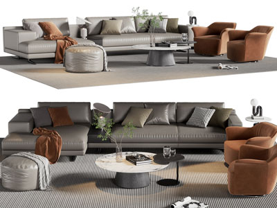 现代转角多人、单人沙发和茶几组合