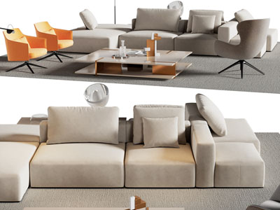 现代转角多人沙发、休闲椅子和茶几组合