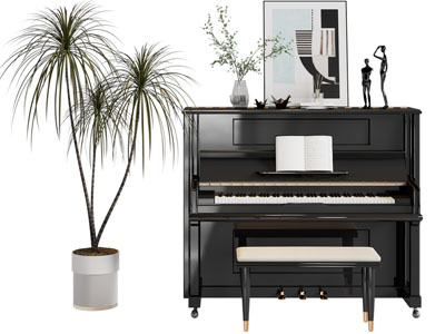 现代黑色钢琴、琴凳3d模型 现代黑色钢琴、琴凳