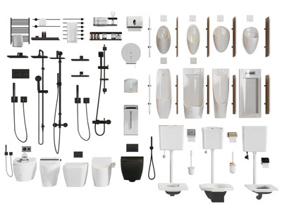 现代马桶、小便斗、淋浴花洒、毛巾架
