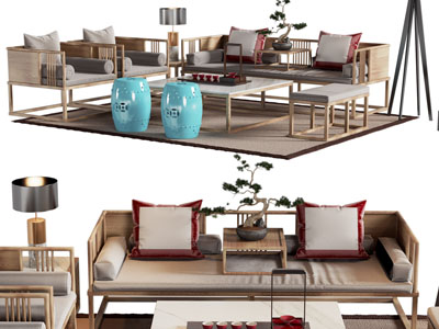 新中式实木多人、单人沙发、鼓凳和茶几组合