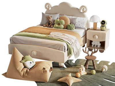 现代布艺儿童床、床头柜