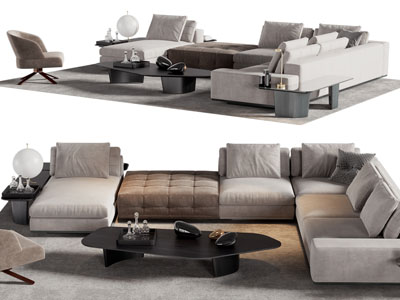 现代转角多人沙发、休闲椅和茶几组合