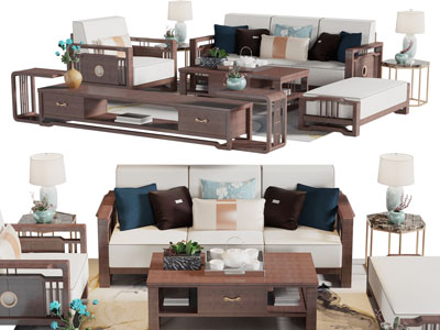 新中式多人、单人沙发和茶几组合