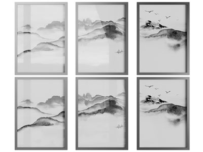 新中式水墨山水装饰挂画3d模型 新中式水墨山水装饰挂画