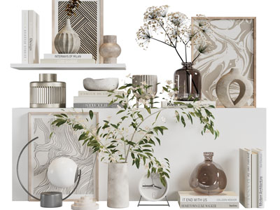 现代陶艺器皿、书籍、装饰画摆件组合