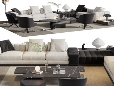 现代转角多人沙发、休闲椅子和茶几组合