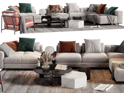现代布艺转角多人沙发、休闲椅子和茶几组合