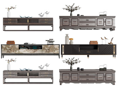新中式实木长方形电视柜、摆件组合