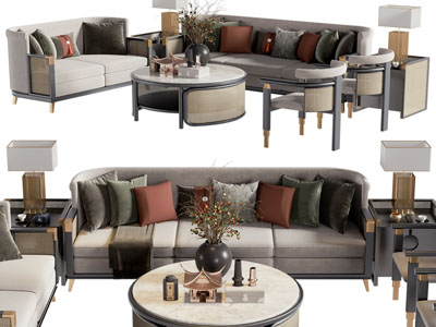 新中式多人、双人沙发、休闲椅子和茶几组合