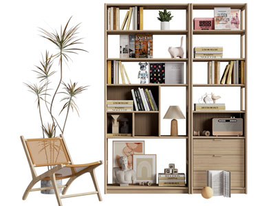 北欧实木书柜、休闲椅子
