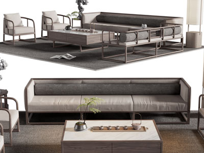 新中式多人、双人、单人沙发和茶几组合