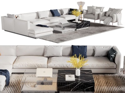 现代布艺转角多人、单人沙发和茶几组合