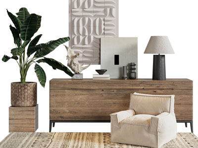 北欧实木玄关柜、摆件、单人沙发