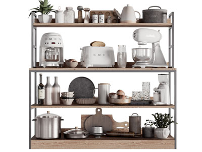 现代置物架上的调味瓶、厨具