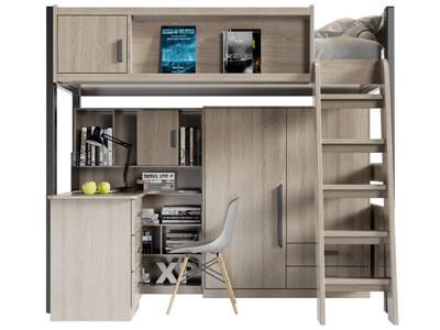 现代实木带衣柜书桌的上下床