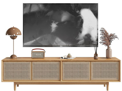 北欧实木编制柜门的电视柜、电视机