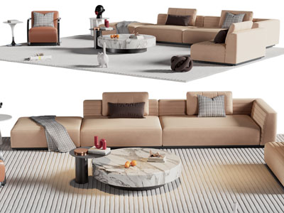 现代转角多人、单人沙发和茶几组合