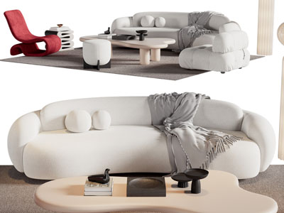 侘寂风弧形多人沙发、茶几组合