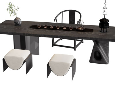 新中式长方形茶桌椅组合