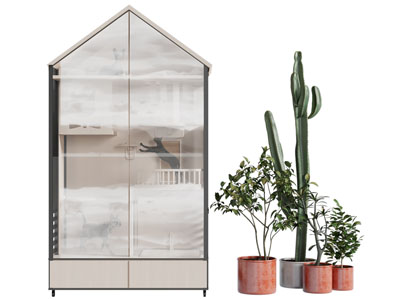 现代猫房子猫屋、花盆盆栽植物