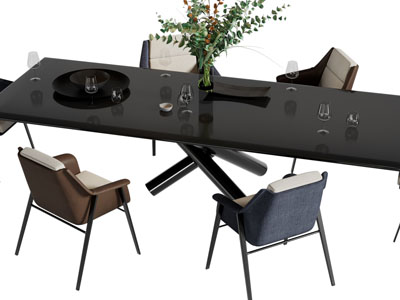 现代黑色长方形餐桌椅组合