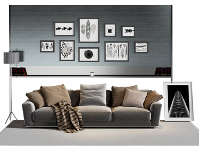 现代布艺多人沙发、背景墙