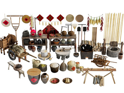 现代农具容器、陶瓷器皿、厨具摆件组合