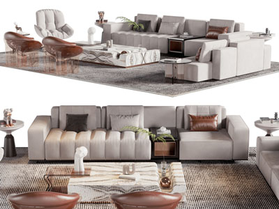 现代多人沙发、休闲椅子和茶几组合