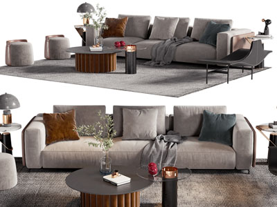 现代多人沙发、沙发凳和茶几组合