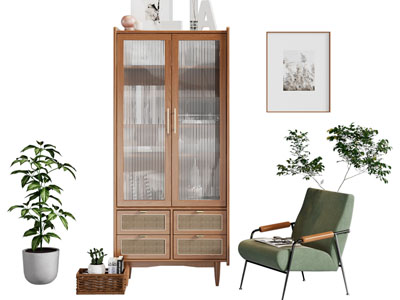 北欧实木玻璃柜门的书柜、休闲椅子