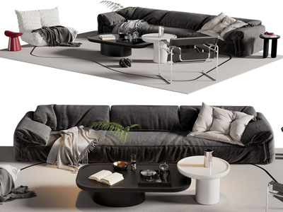 现代多人沙发、懒人沙发和茶几组合